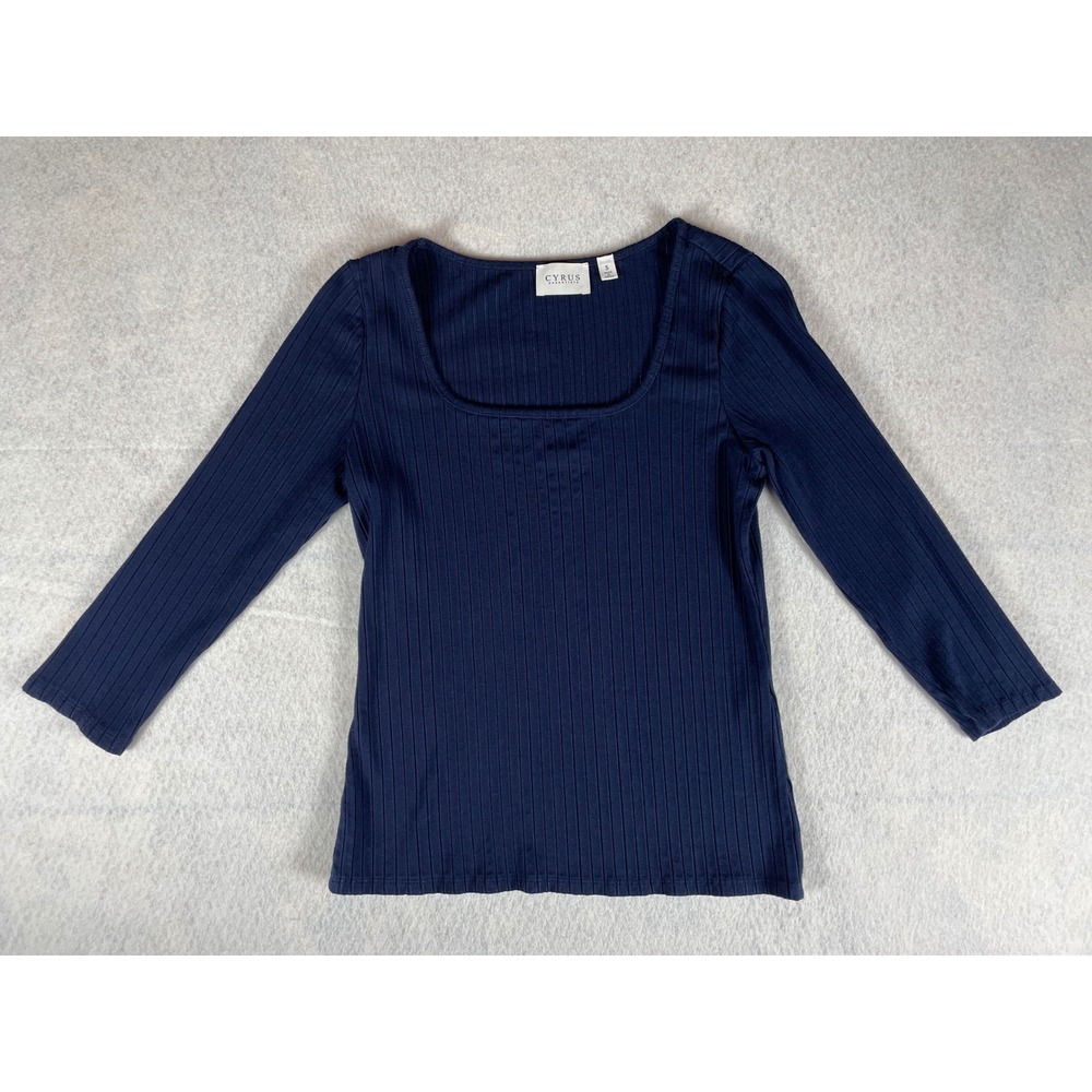 Cyrus Essentials Womens Navy Blue Ribbed‎ Square Neck 3/4 Sleeve Top Small